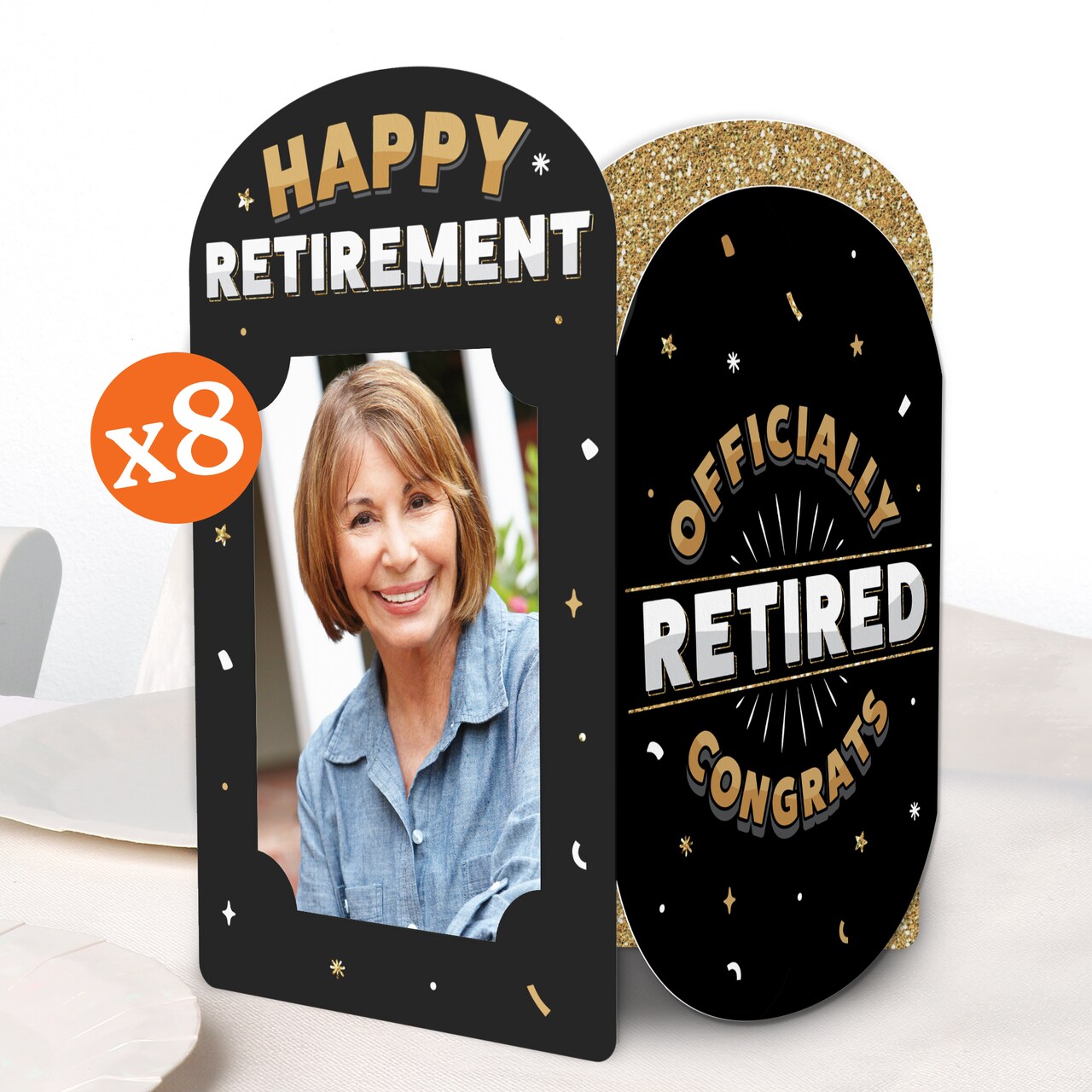 Big Dot of Happiness Happy Retirement Photo Holder Centerpieces, 4x6 Picture Display Box, Black & Gold Table Decoration for Officially Retired, 8 Ct